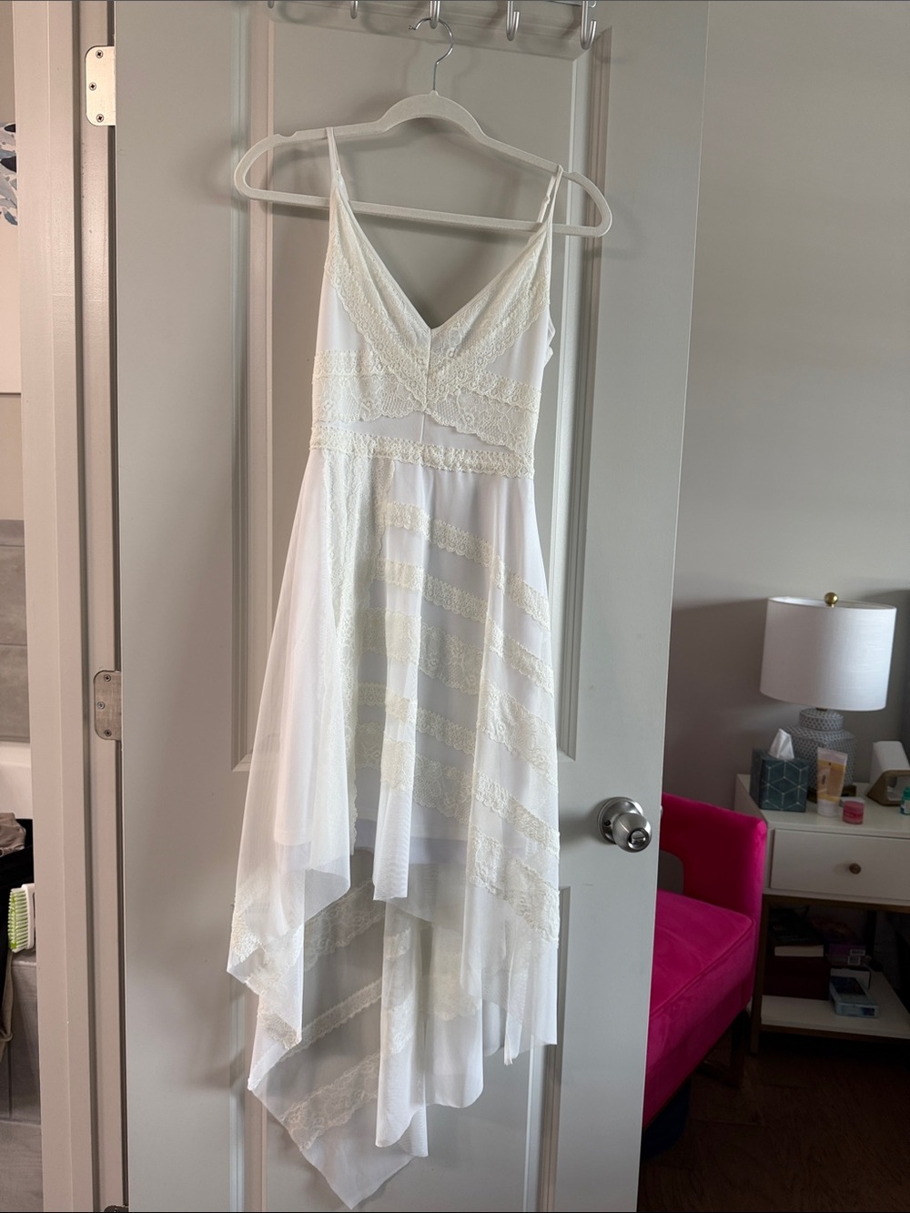NWT BCBG MaxAzria White Lace Handkerchief Hem Spaghetti Strap Dress